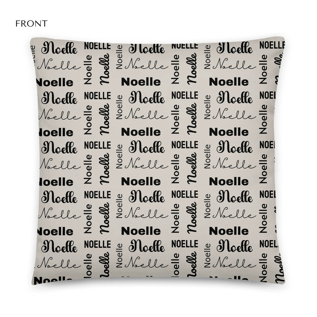 Custom repeating name pillow in black text on beige background — personalized home décor accent with adjustable text color and style-ARTFULANE