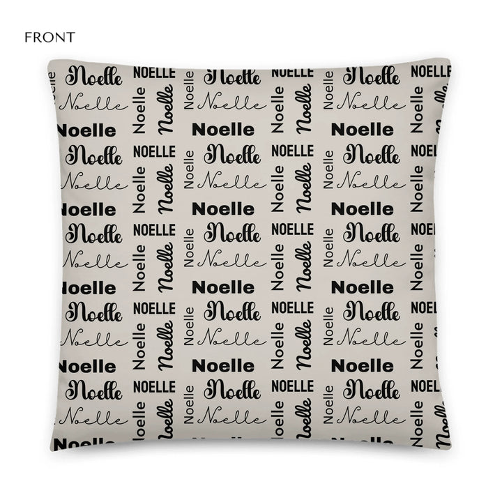 Custom repeating name pillow in black text on beige background — personalized home décor accent with adjustable text color and style-ARTFULANE