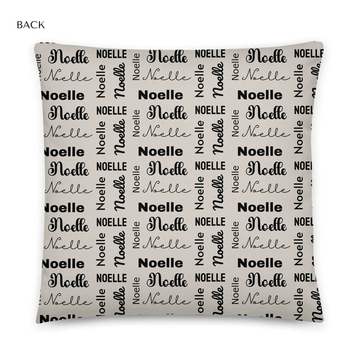 Custom repeating name pillow in black text on beige background — personalized home décor accent with adjustable text color and style-ARTFULANE