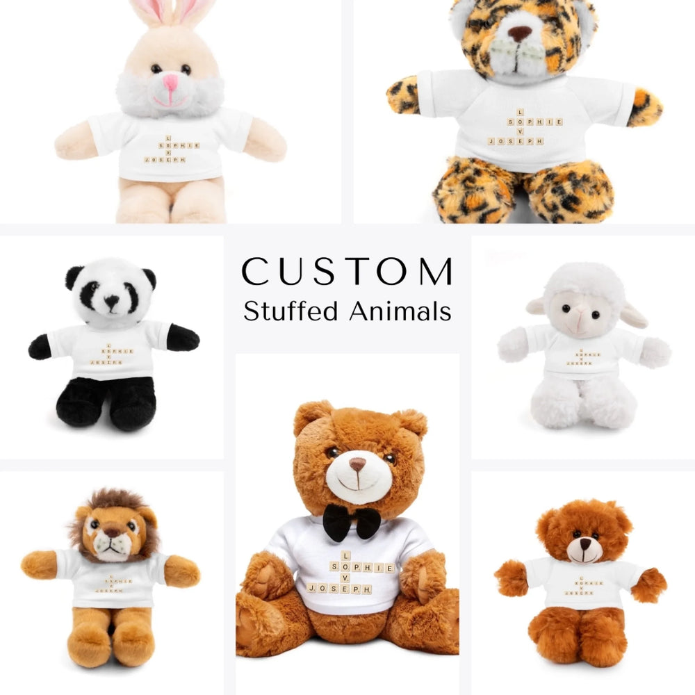 Custom Word Tile Stuffed Animals - Sheep, Jaguar, Panda, Lion, Bunny, Bear - ARTFULANE