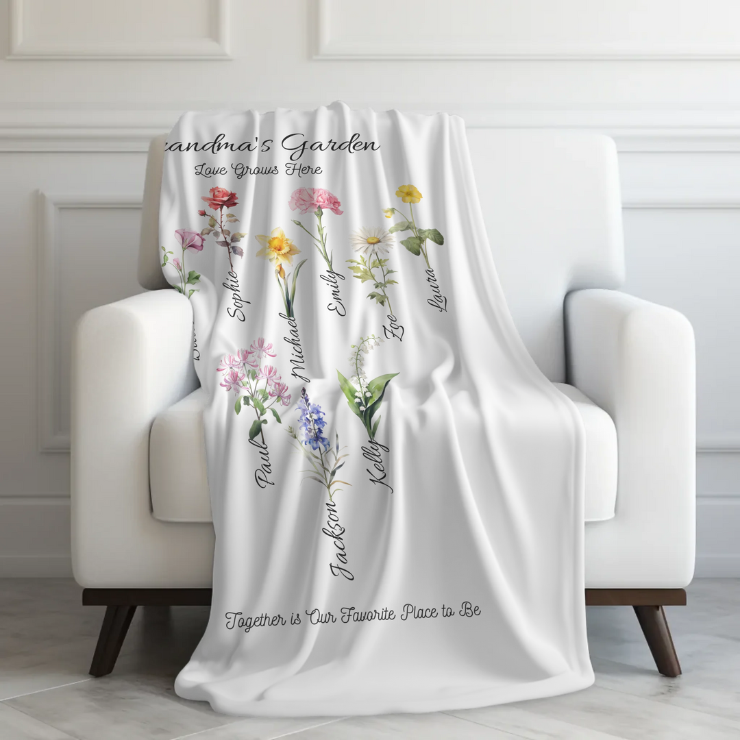Custom-Watercolor-Birth-Month-Flower-Garden-velveteen-Blanket-on-chair-artfulane