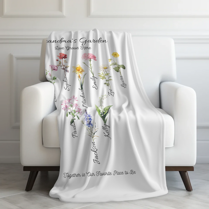 Custom-Watercolor-Birth-Month-Flower-Garden-velveteen-Blanket-on-chair-artfulane
