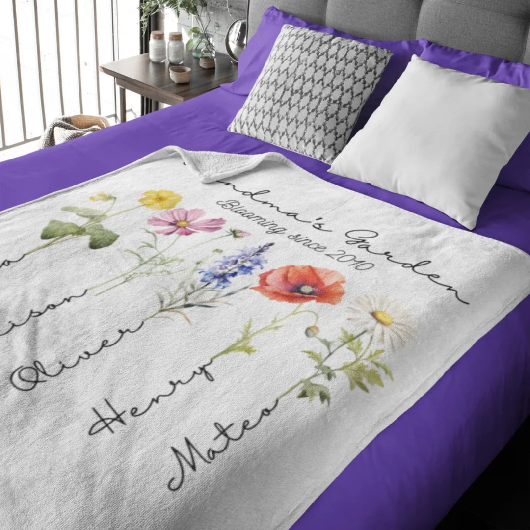 Custom-Watercolor-Birth-Month-Flower-Garden-velveteen-Blanket-on-bed-artfulane