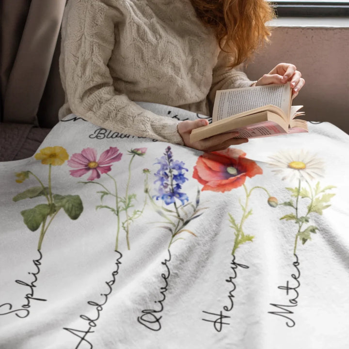 Woman-Cozy-With-Custom-Watercolor-Birth-Month-Flower-velveteen-Blanket-artfulane