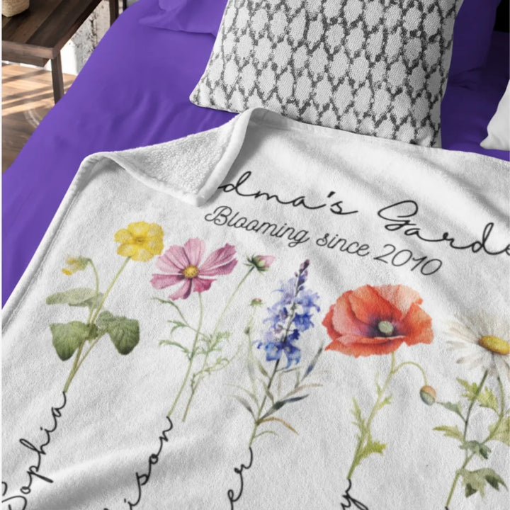 Custom-Watercolor-Birth-Month-Flower-Garden-minky-Blanket-on-bed-artfulane