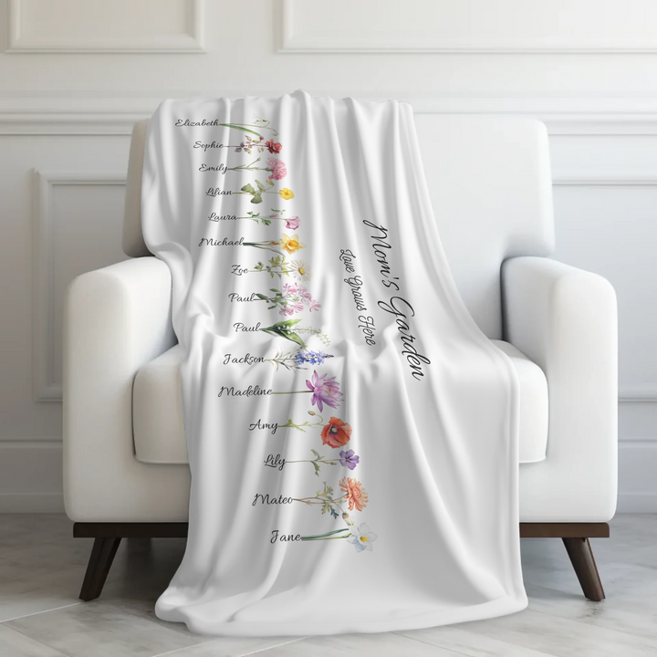 Custom-Watercolor-Birth-Month-Flower-Garden-velveteen-Blanket-on-chair-artfulane