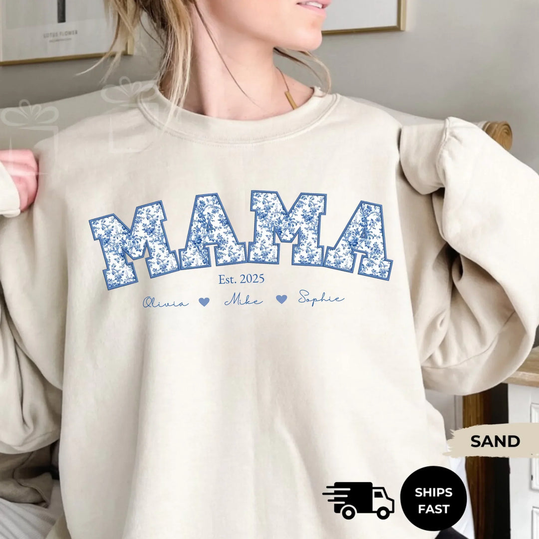 Personalized ‘This Mama Loves Her Blessings’ Gildan sweatshirt or hoodie, featuring custom kids names printed below gift box icons on the sleeve — cozy unisex holiday apparel for moms or grandmas-ARTFULANE