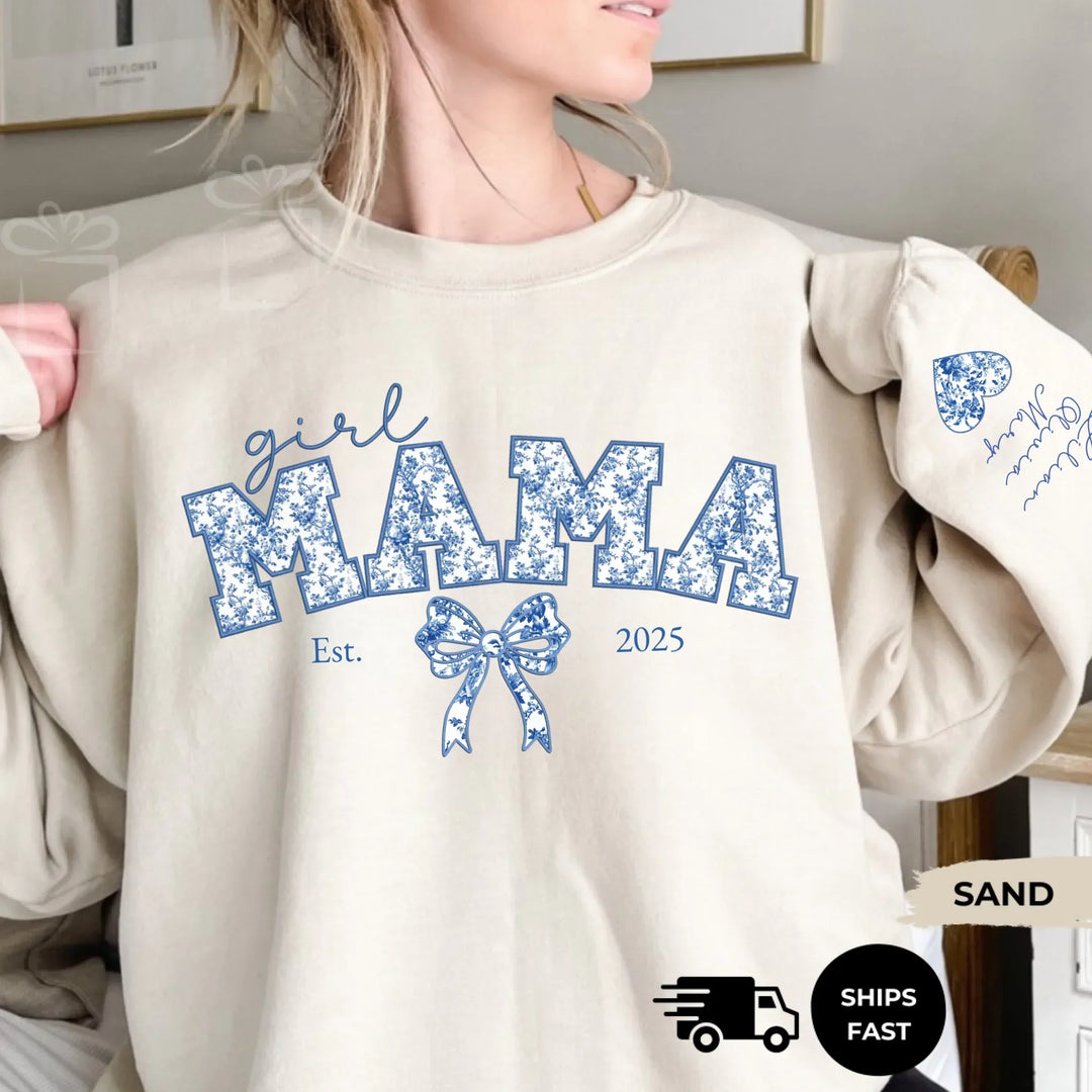 Personalized ‘This Mama Loves Her Blessings’ Gildan sweatshirt or hoodie, featuring custom kids names printed below gift box icons on the sleeve — cozy unisex holiday apparel for moms or grandmas-ARTFULANE