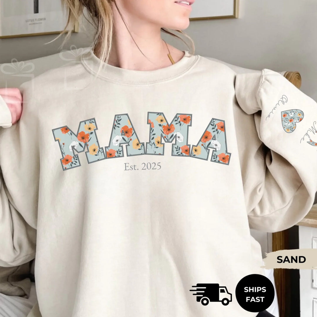 Personalized ‘This Mama Loves Her Blessings’ Gildan sweatshirt or hoodie, featuring custom kids names printed below gift box icons on the sleeve — cozy unisex holiday apparel for moms or grandmas-ARTFULANE