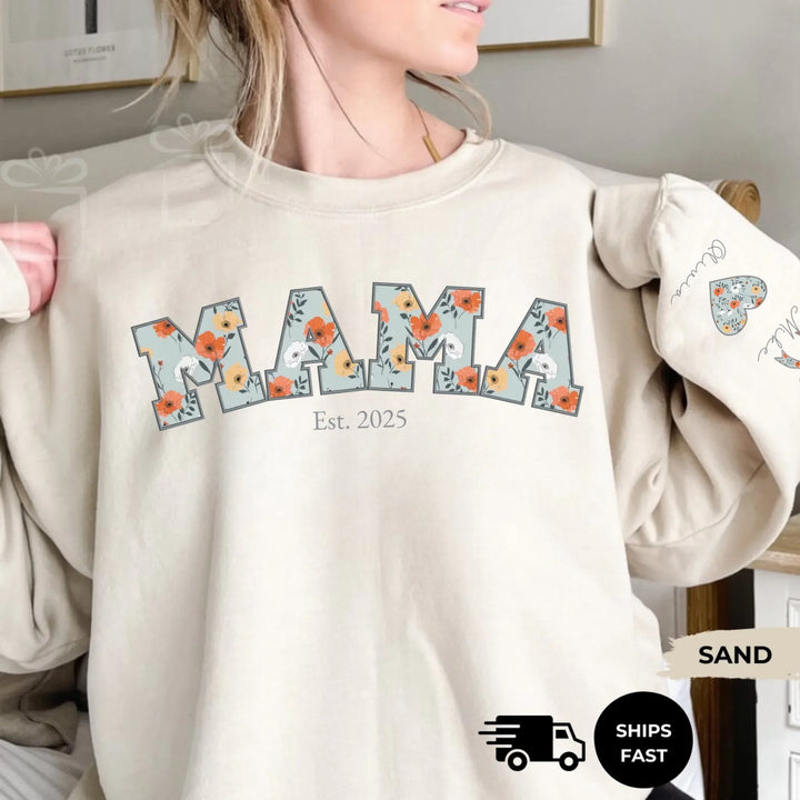 Personalized ‘This Mama Loves Her Blessings’ Gildan sweatshirt or hoodie, featuring custom kids names printed below gift box icons on the sleeve — cozy unisex holiday apparel for moms or grandmas-ARTFULANE