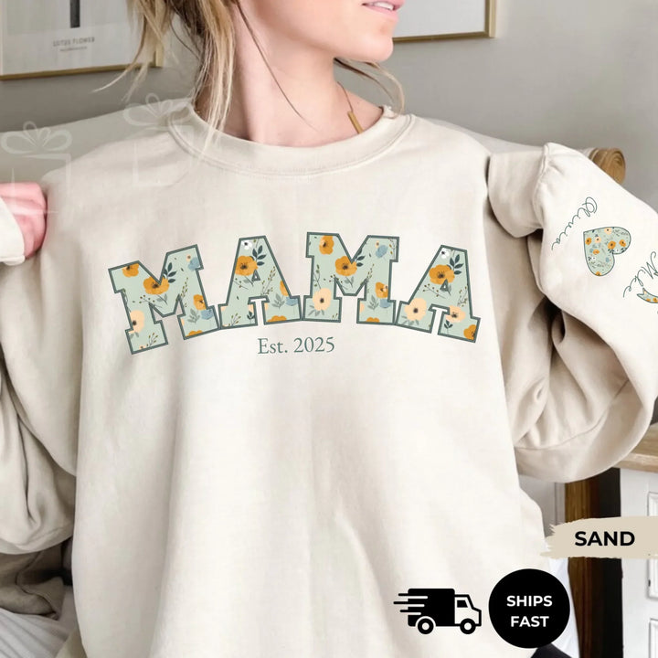 Personalized ‘This Mama Loves Her Blessings’ Gildan sweatshirt or hoodie, featuring custom kids names printed below gift box icons on the sleeve — cozy unisex holiday apparel for moms or grandmas-ARTFULANE