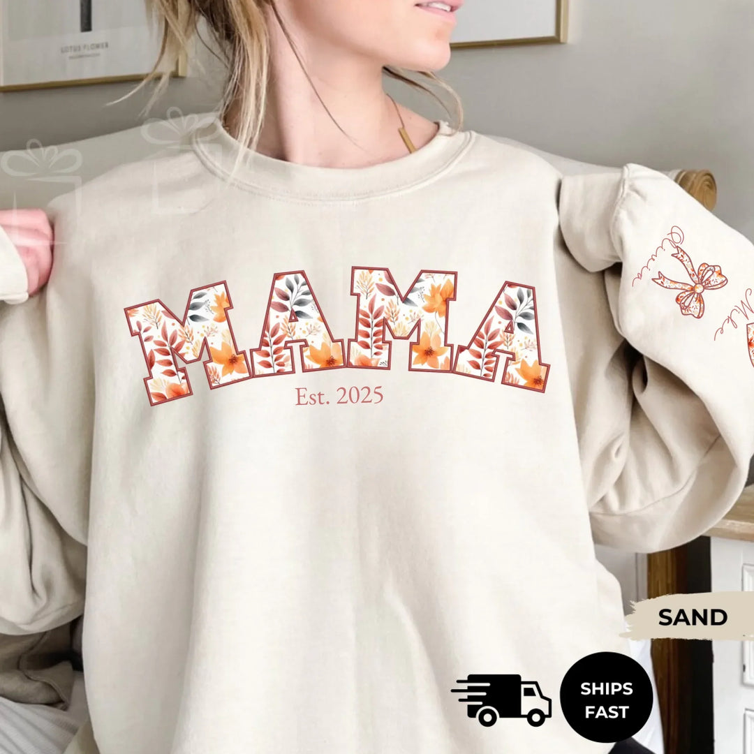 Personalized ‘This Mama Loves Her Blessings’ Gildan sweatshirt or hoodie, featuring custom kids names printed below gift box icons on the sleeve — cozy unisex holiday apparel for moms or grandmas-ARTFULANE