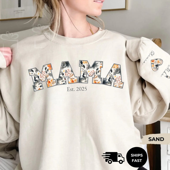 Personalized ‘This Mama Loves Her Blessings’ Gildan sweatshirt or hoodie, featuring custom kids names printed below gift box icons on the sleeve — cozy unisex holiday apparel for moms or grandmas-ARTFULANE