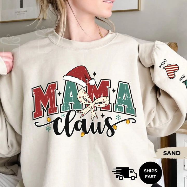 Personalized ‘This Mama Loves Her Blessings’ Gildan sweatshirt or hoodie, featuring custom kids names printed below gift box icons on the sleeve — cozy unisex holiday apparel for moms or grandmas-ARTFULANE