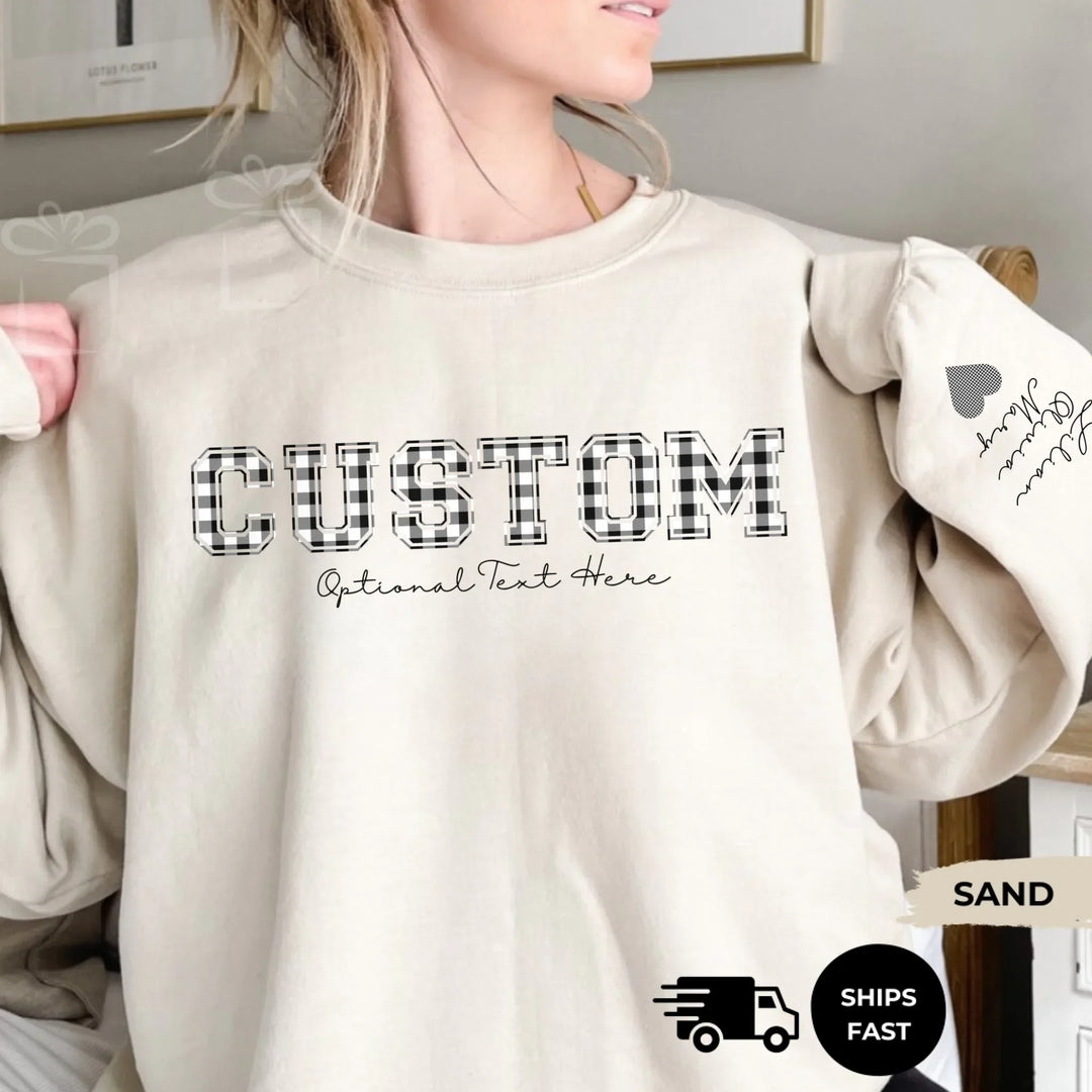 Personalized ‘This Mama Loves Her Blessings’ Gildan sweatshirt or hoodie, featuring custom kids names printed below gift box icons on the sleeve — cozy unisex holiday apparel for moms or grandmas-ARTFULANE