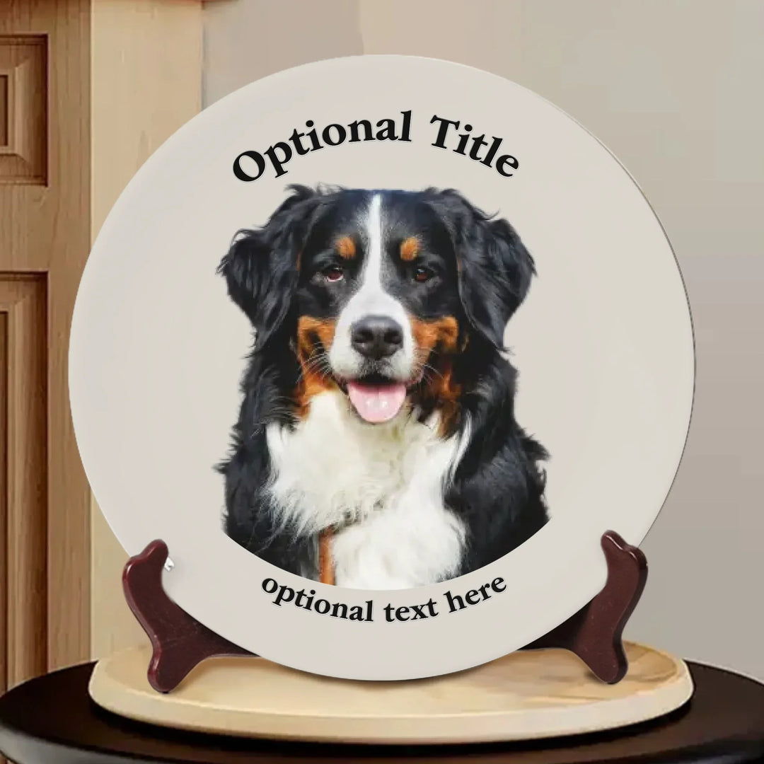 Custom toile birth flower ceramic plate with personalized title, names, butterflies, and floral motifs in any color, displayed on wooden stand-ARTFULANE