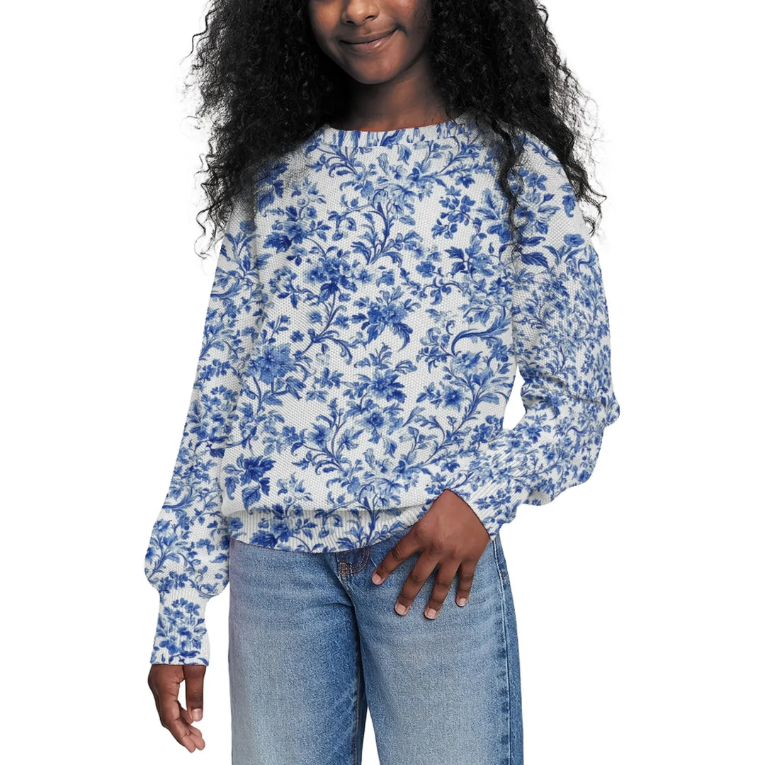 Custom Blue Toile kids Wool Sweater on girl - ARTFULANE