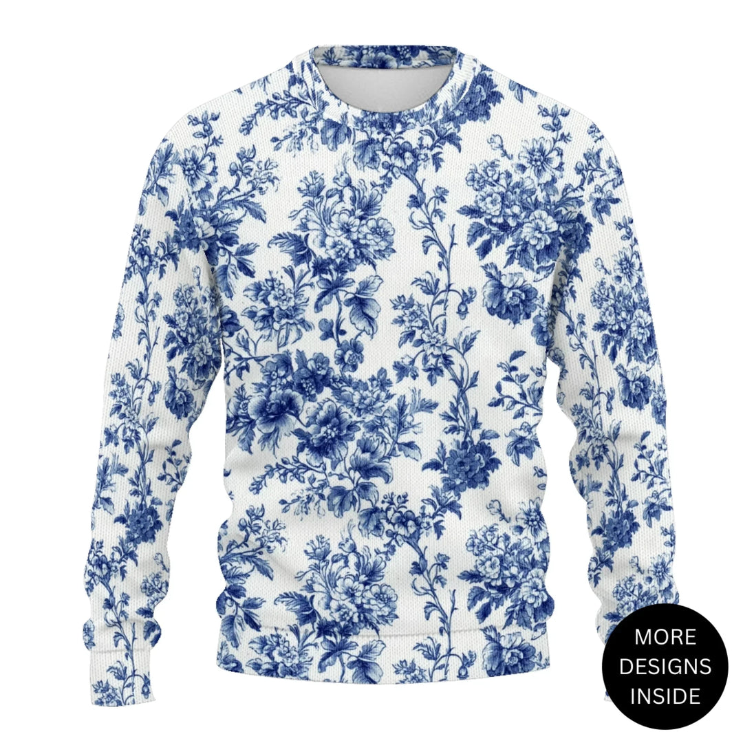 Custom Blue Toile adult Wool Sweater - ARTFULANE