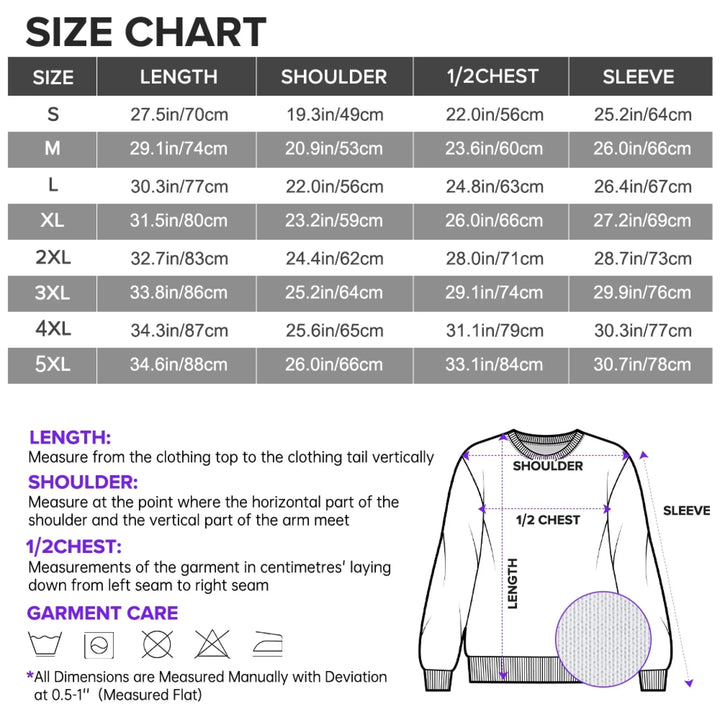 Size Chart of Custom Adult Unisex Knit Sweater - ARTFULANE