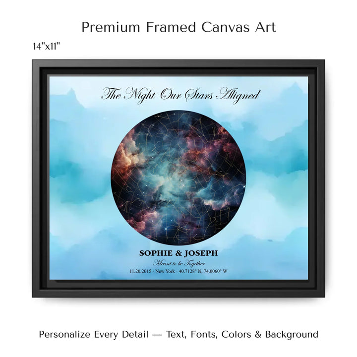 Personalized star map wall art with customizable night sky, background, names, date, location, and coordinates -14x11 framed canvas-ARTFULANE
