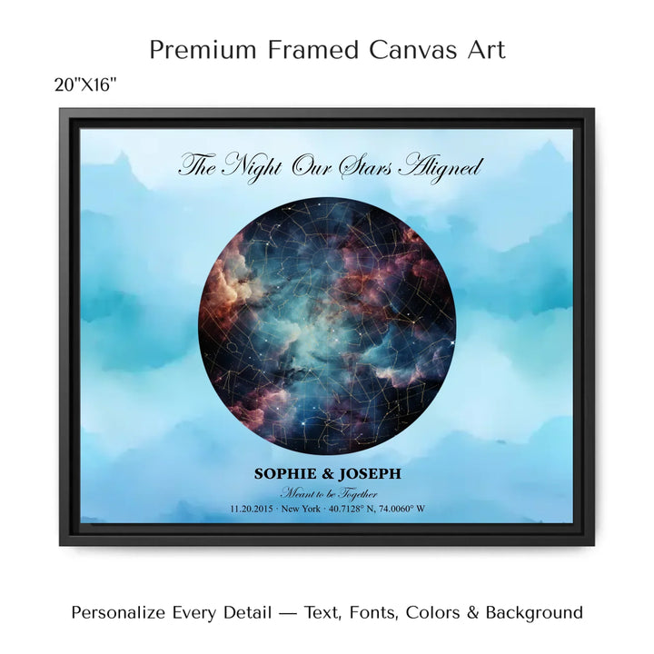 Personalized star map wall art with customizable night sky, background, names, date, location, and coordinates -20x16 framed canvas-ARTFULANE