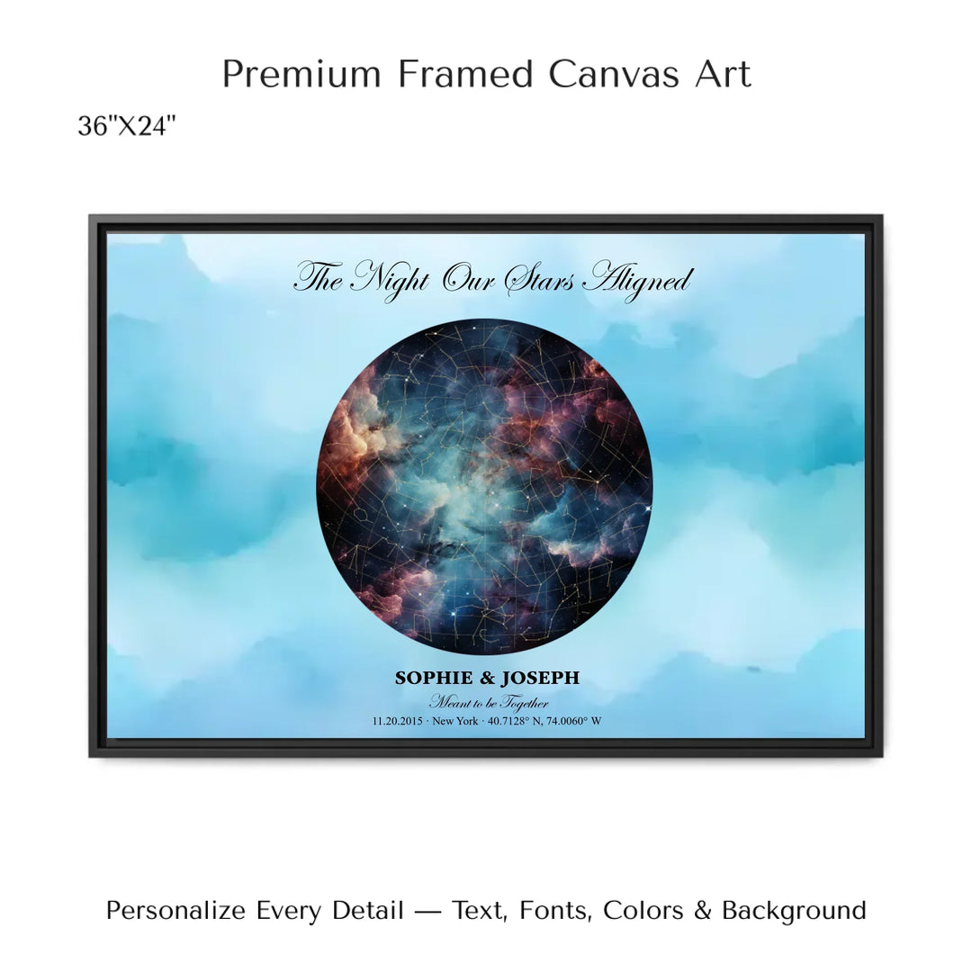 Personalized star map wall art with customizable night sky, background, names, date, location, and coordinates -36x24 framed canvas-ARTFULANE