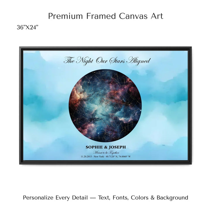 Personalized star map wall art with customizable night sky, background, names, date, location, and coordinates -36x24 framed canvas-ARTFULANE