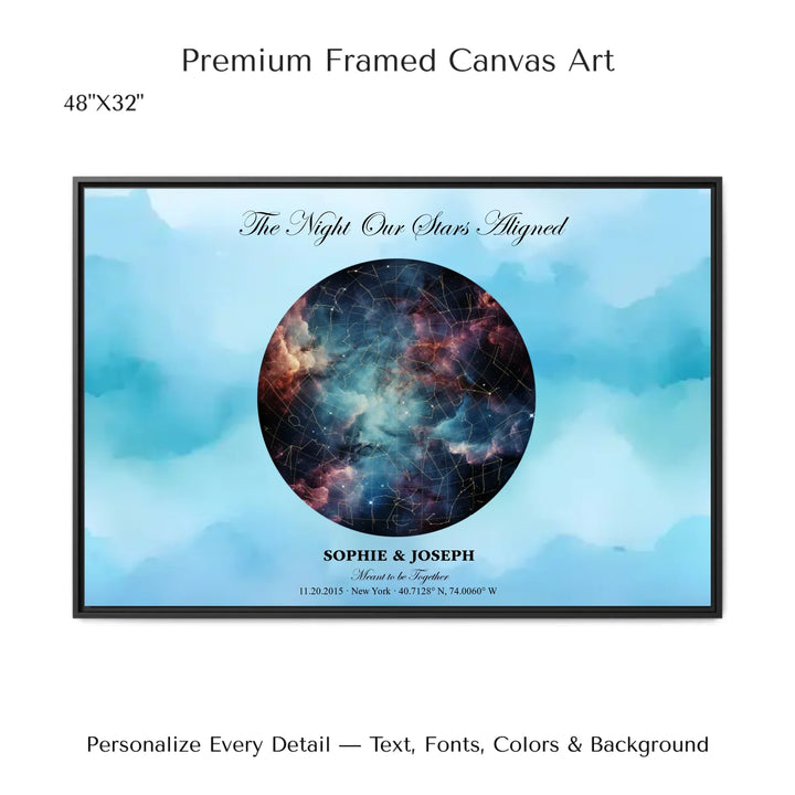 Personalized star map wall art with customizable night sky, background, names, date, location, and coordinates -48x32 framed canvas-ARTFULANE
