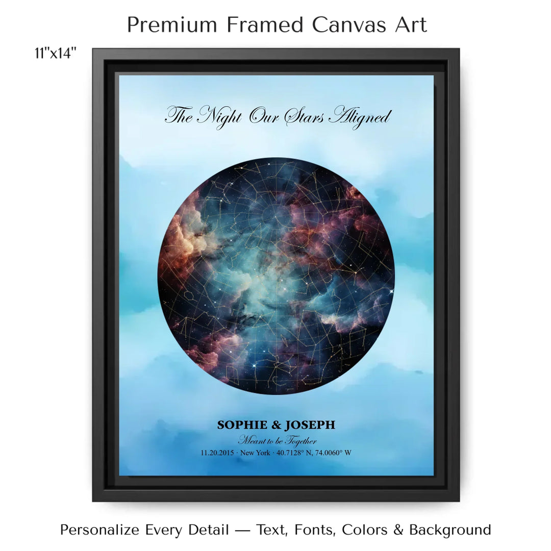 Personalized star map wall art with customizable night sky, background, names, date, location, and coordinates -11x14 framed canvas-ARTFULANE
