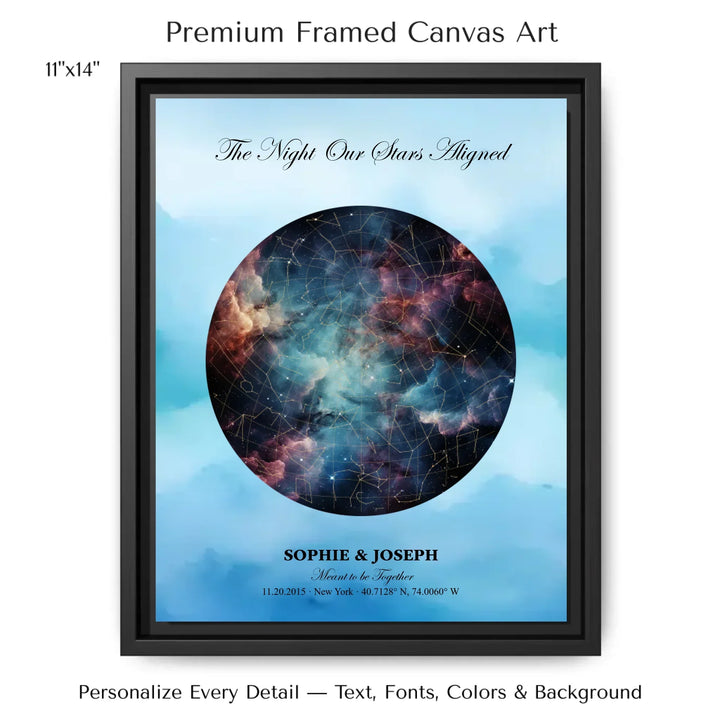 Personalized star map wall art with customizable night sky, background, names, date, location, and coordinates -11x14 framed canvas-ARTFULANE