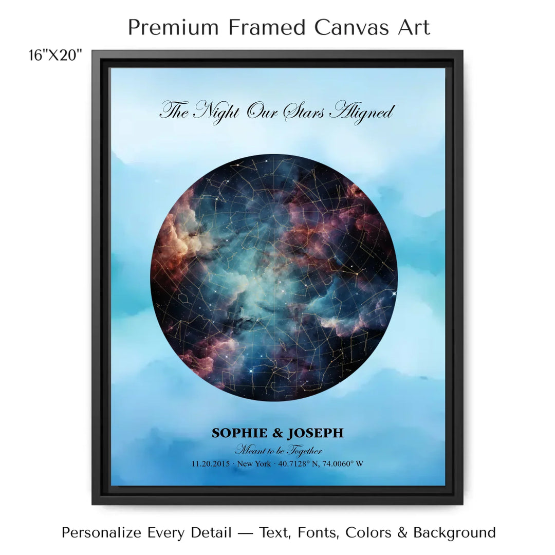 Personalized star map wall art with customizable night sky, background, names, date, location, and coordinates -16x20 framed canvas-ARTFULANE