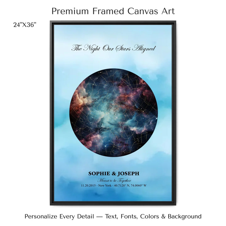 Personalized star map wall art with customizable night sky, background, names, date, location, and coordinates -24x36 framed canvas-ARTFULANE