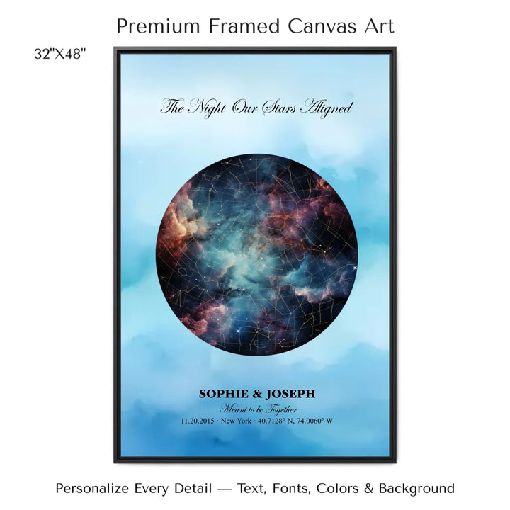 Personalized star map wall art with customizable night sky, background, names, date, location, and coordinates -32x48 framed canvas-ARTFULANE