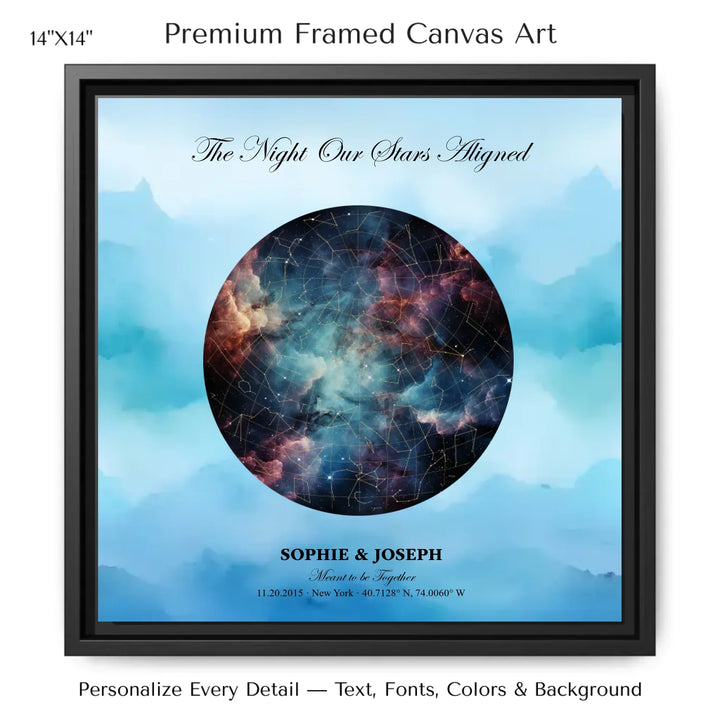 Personalized star map wall art with customizable night sky, background, names, date, location, and coordinates -14x14 framed canvas-ARTFULANE