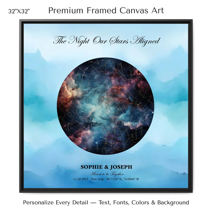 Personalized star map wall art with customizable night sky, background, names, date, location, and coordinates -32x32 framed canvas-ARTFULANE