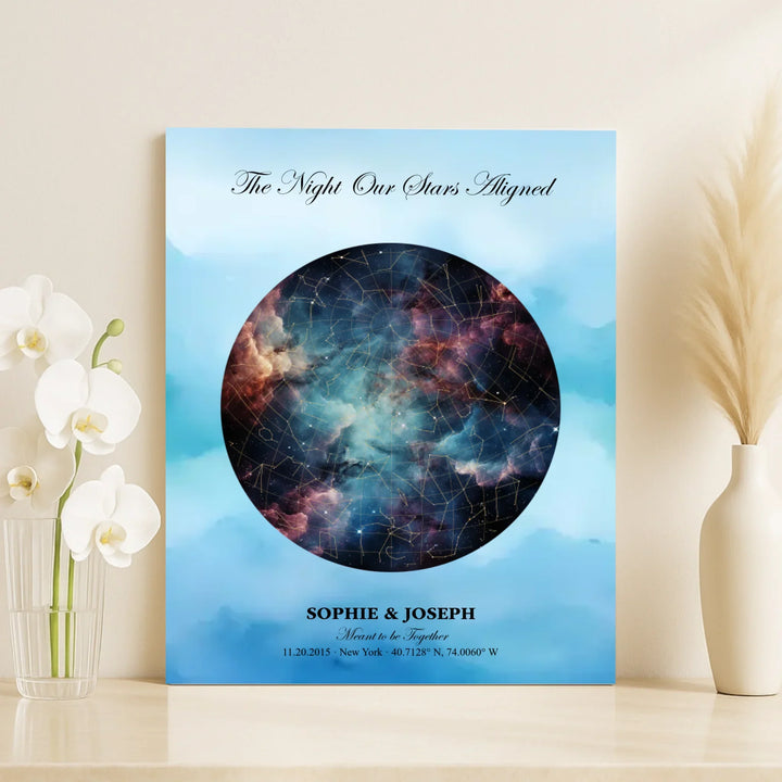 Personalized star map wall art with customizable night sky, background, names, date, location, and coordinates -vertical unframed canvas-ARTFULANE