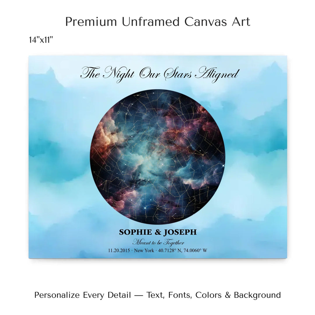 Personalized star map wall art with customizable night sky, background, names, date, location, and coordinates -14x11 stretched canvas-ARTFULANE