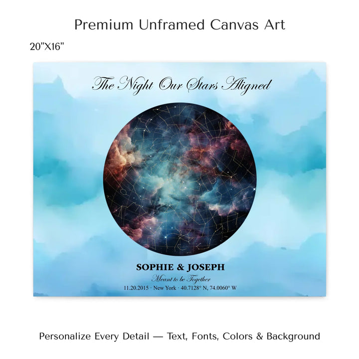 Personalized star map wall art with customizable night sky, background, names, date, location, and coordinates -20x16 stretched canvas-ARTFULANE