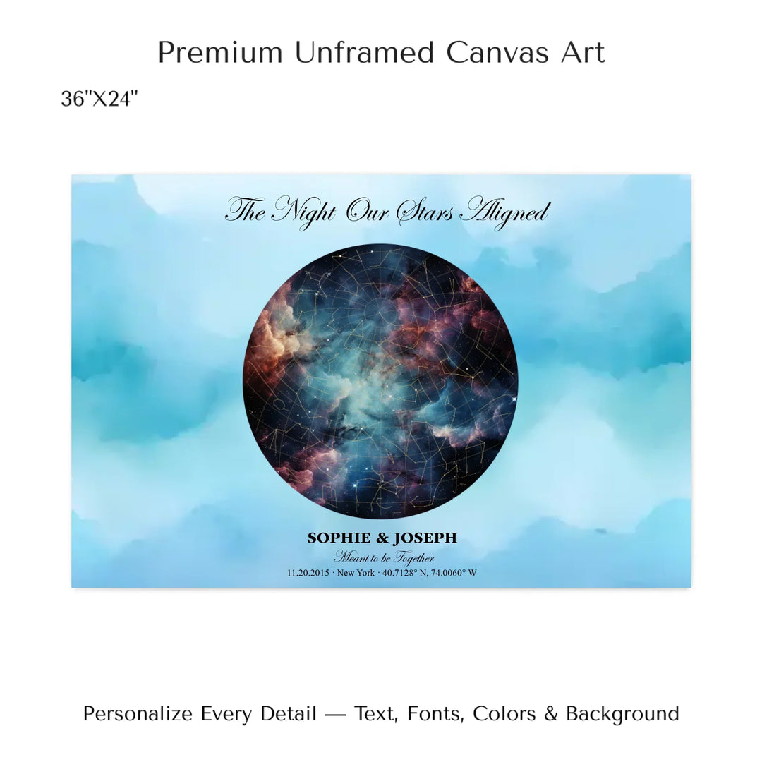 Personalized star map wall art with customizable night sky, background, names, date, location, and coordinates -36x24 stretched canvas-ARTFULANE