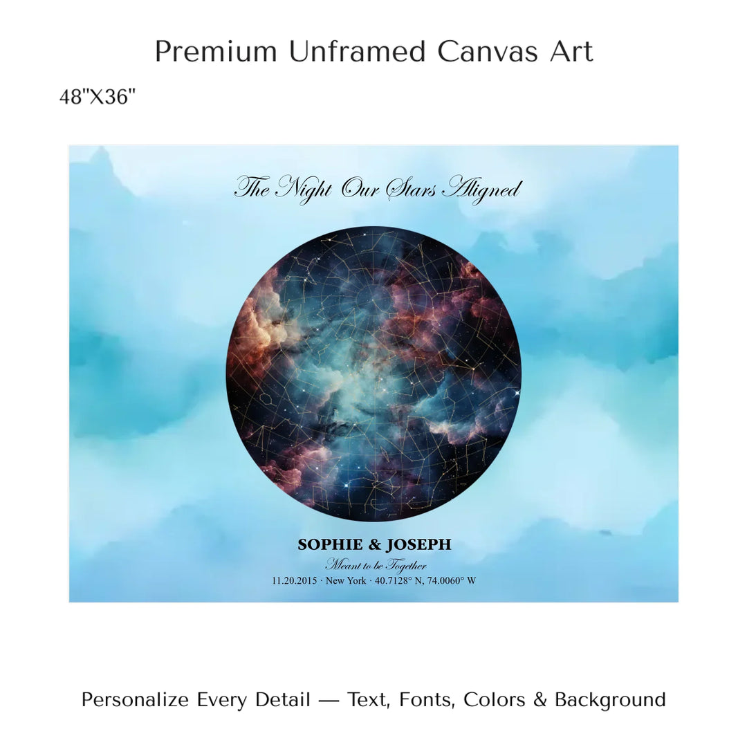 Personalized star map wall art with customizable night sky, background, names, date, location, and coordinates -48x36 stretched canvas-ARTFULANE