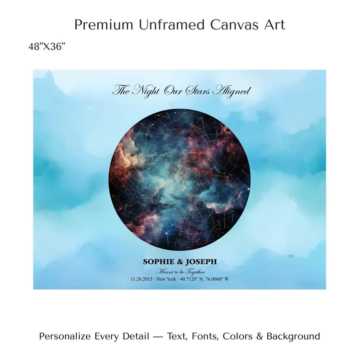 Personalized star map wall art with customizable night sky, background, names, date, location, and coordinates -48x36 stretched canvas-ARTFULANE