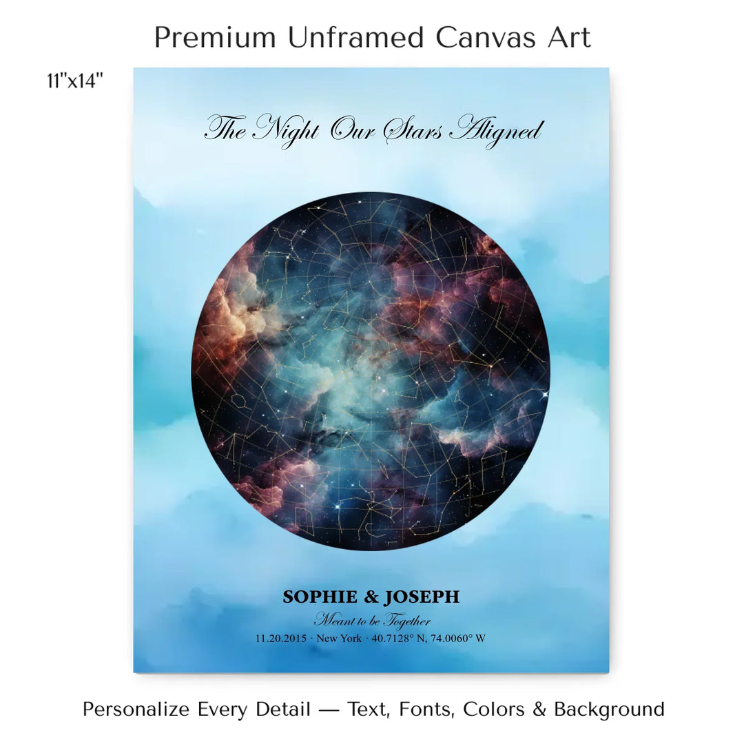 Personalized star map wall art with customizable night sky, background, names, date, location, and coordinates -11x14 stretched canvas-ARTFULANE