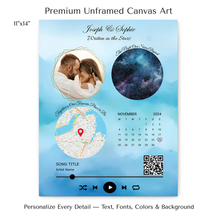 Framed custom couple wall art featuring a photo, star map, location map, special date calendar, QR code, and personalized song -11x14 stretched canvas-ARTFULANE