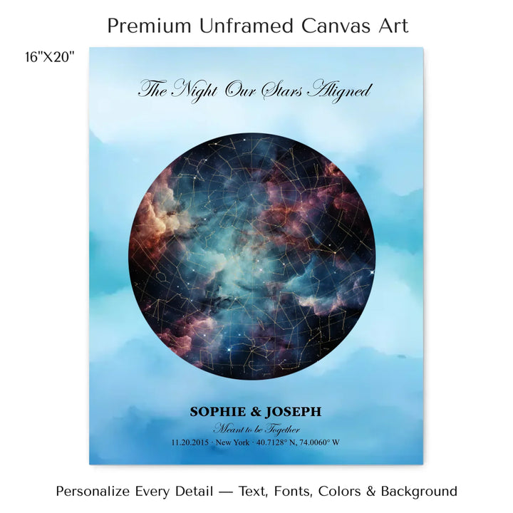 Personalized star map wall art with customizable night sky, background, names, date, location, and coordinates -16x20 stretched canvas-ARTFULANE