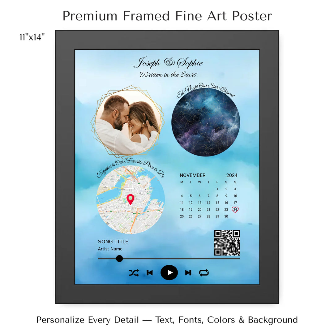 Framed custom couple wall art featuring a photo, star map, location map, special date calendar, QR code, and personalized song -11x14 framed poster-ARTFULANE
