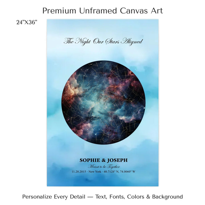 Personalized star map wall art with customizable night sky, background, names, date, location, and coordinates -24x36 stretched canvas-ARTFULANE