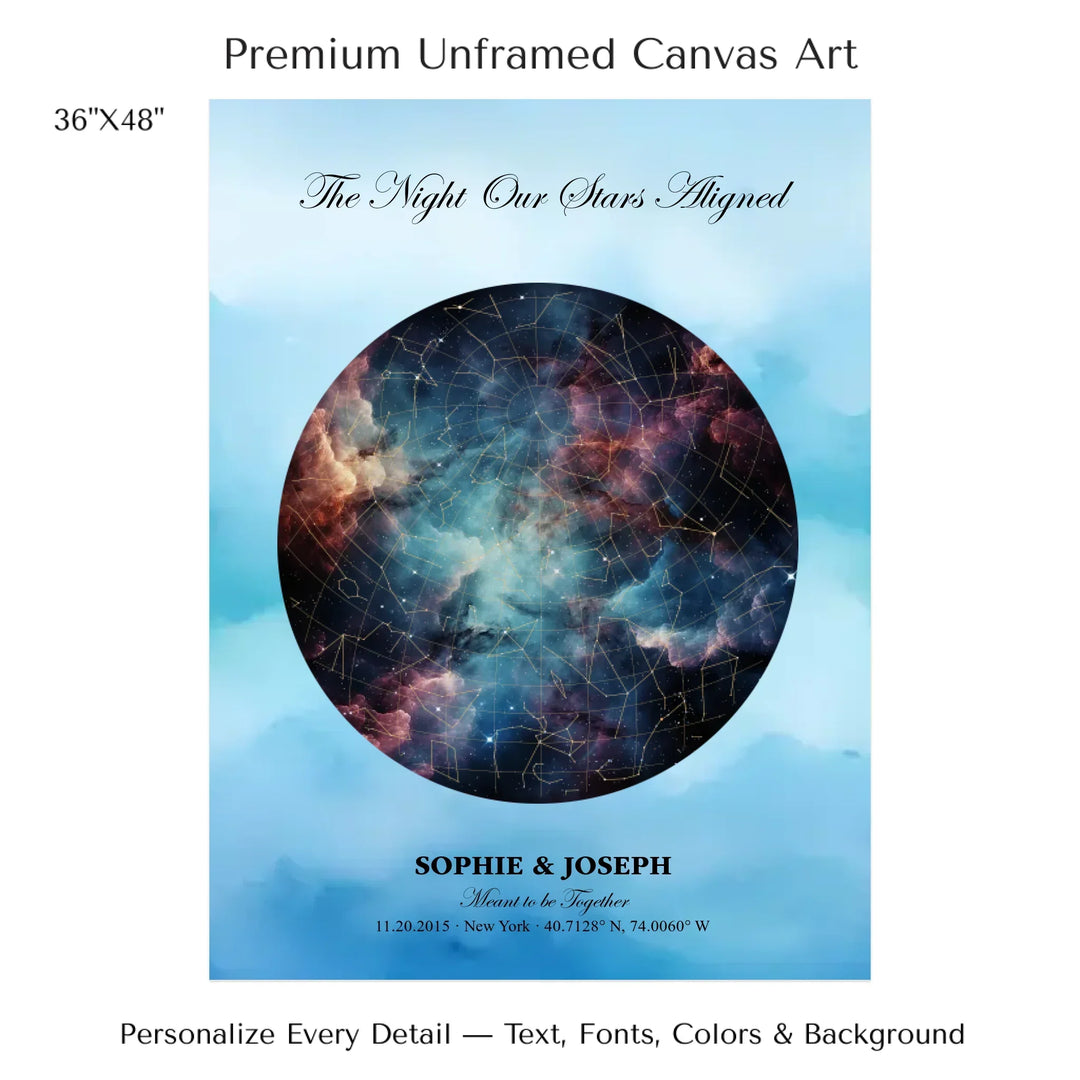 Personalized star map wall art with customizable night sky, background, names, date, location, and coordinates -36x48 stretched canvas-ARTFULANE