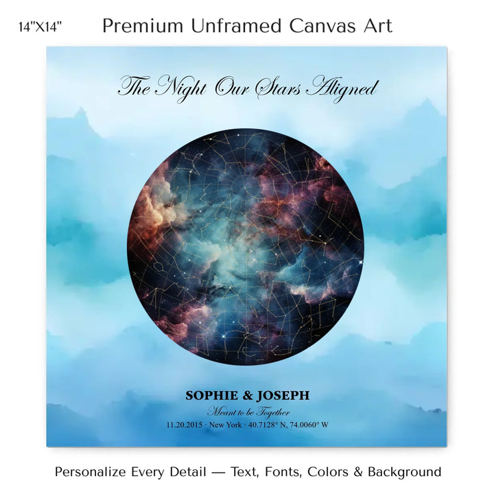Personalized star map wall art with customizable night sky, background, names, date, location, and coordinates -14x14 stretched canvas-ARTFULANE