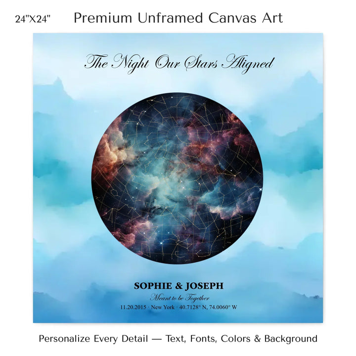 Personalized star map wall art with customizable night sky, background, names, date, location, and coordinates -24x24 stretched canvas-ARTFULANE