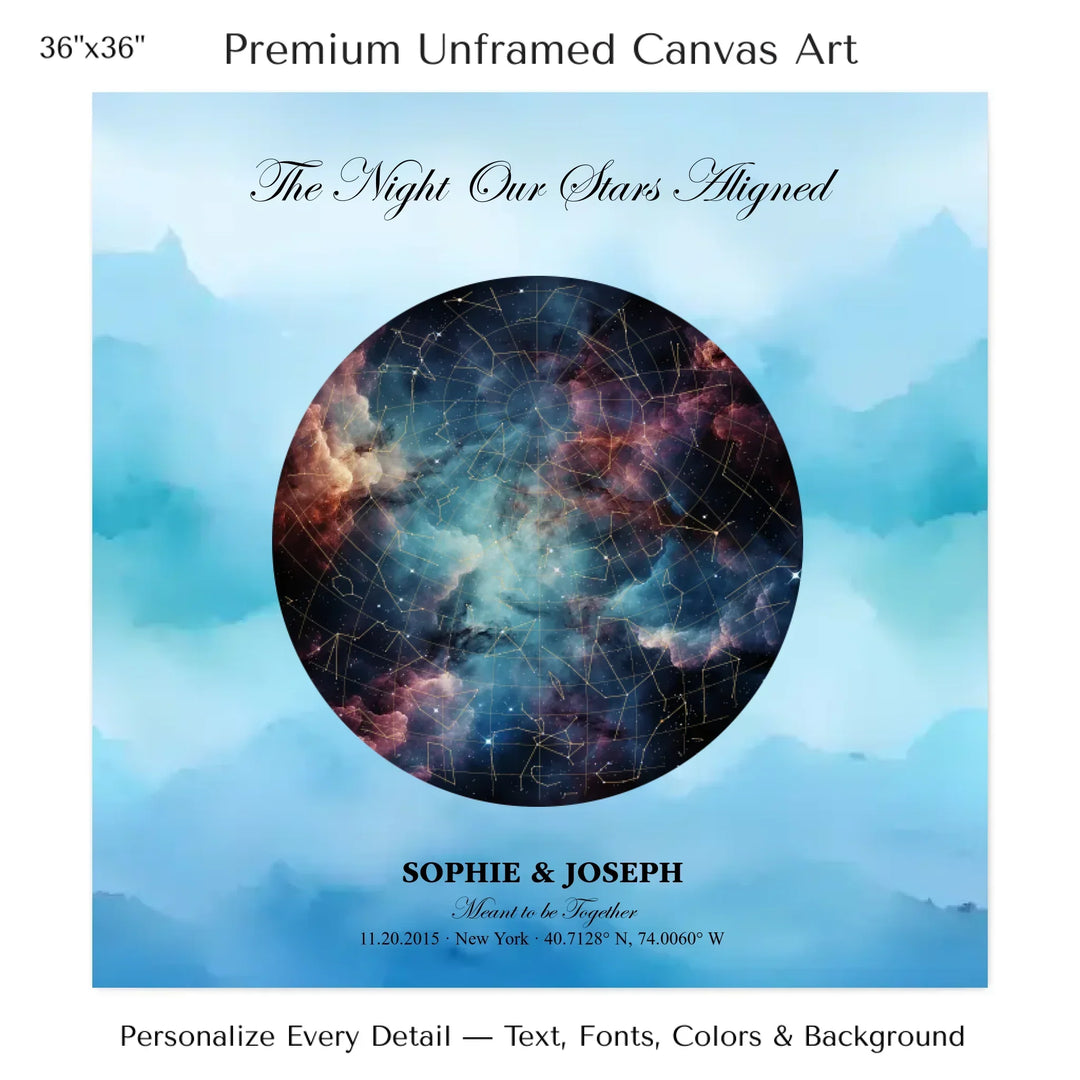 Personalized star map wall art with customizable night sky, background, names, date, location, and coordinates -36x36 stretched canvas-ARTFULANE